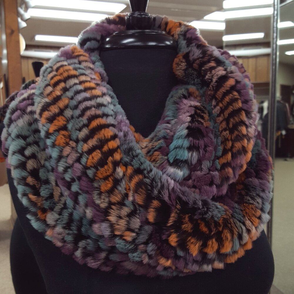 Multicolor Knit Rex Rabbit Fur Infinity Scarf - Picture 2 of 3